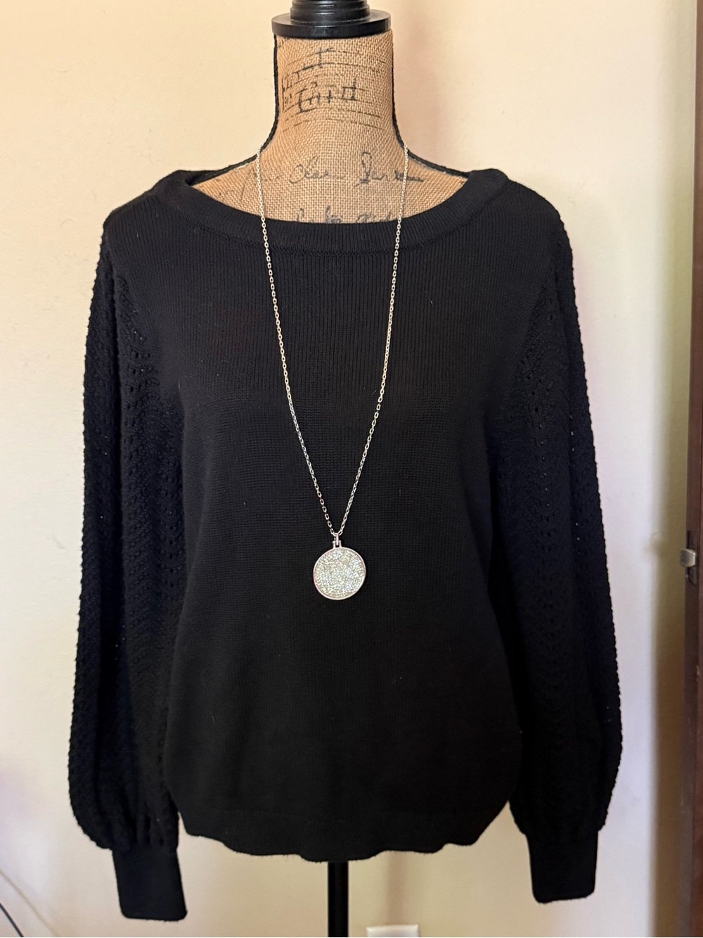Charter Club Black Crewneck Sweater with Textured Balloon Sleeves